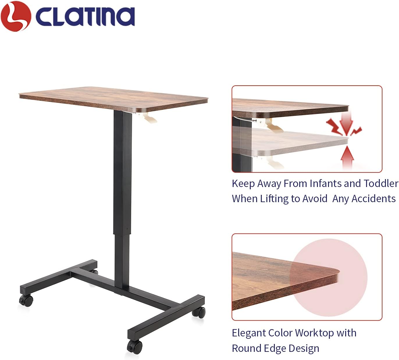 CLATINA Mobile Laptop Desk Pneumatic Sit to Stand Table Height Adjustable Rolling Cart with Lockable Wheels for Home Office Computer Workstation 28" x 19" Brown Round Edge Design Elegant