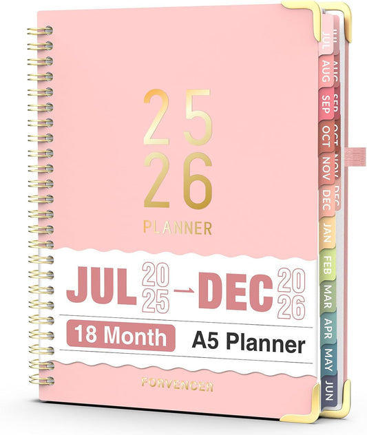 Jul 2025 - Dec 2026 Planner, Forvencer Academic Planner 2025-2026, 18 Month Daily Planner, 6" x 8", Weekly & Monthly Agenda Book, Hardcover Calendar Book, School Supplies for Student Teacher, Pink