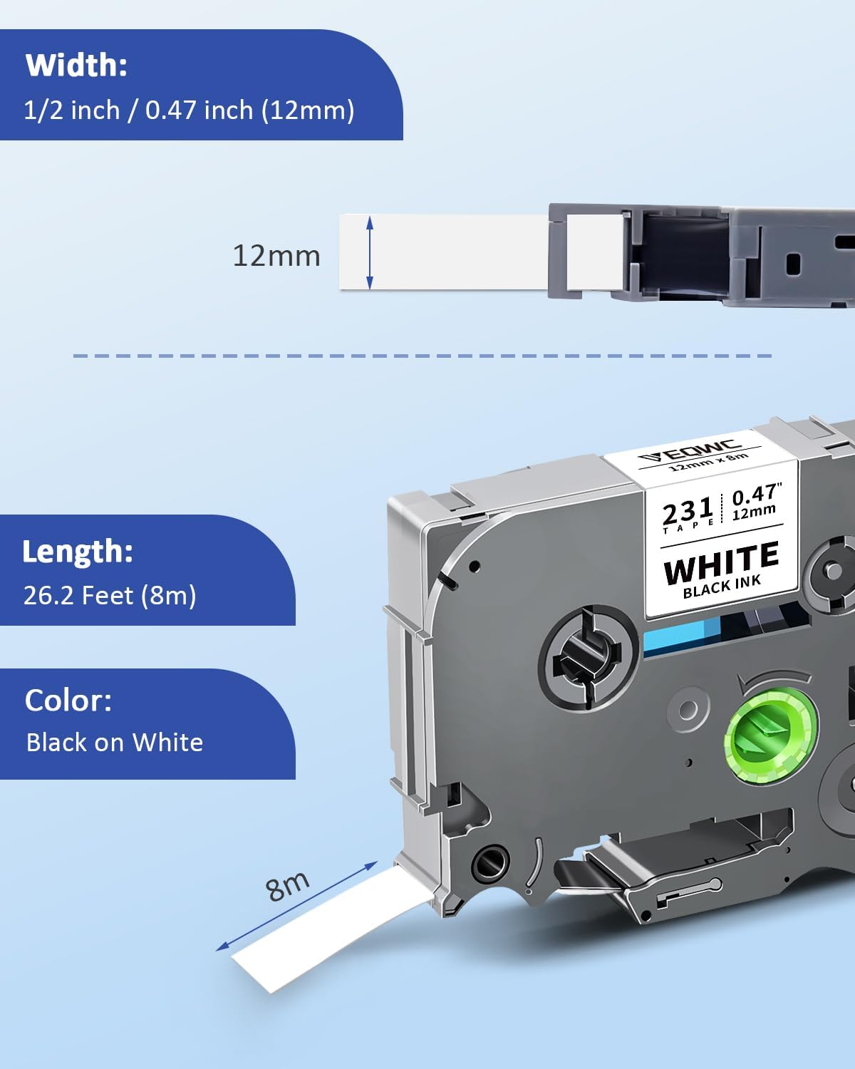 Tze Label Maker Refill Tz-231 Compatible for Brother Ptouch Tze-231 Tze231 12mm 0.47 Laminated White Tape 1/2 Inch Tz Tape for P Touch PT-D210 PT-H110 PT-D220 PT-D400 PT-H111 PT-D410, 4 Pack