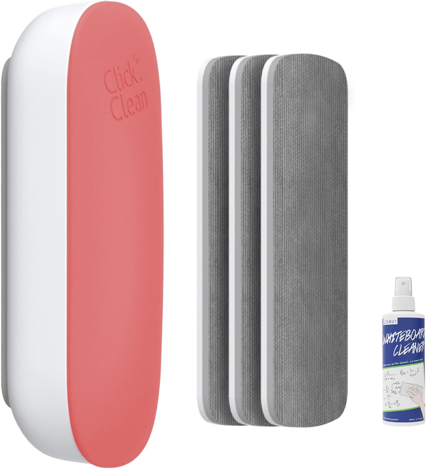 CLICK CLEAN Replaceable Dry Erase Board Eraser, 4-in-1 Magnetic Whiteboard Eraser with 3 Replaceable Felt Pads, Free 3.4oz Whiteboard Cleaner Included, Intended for Classroom, Home and Office
