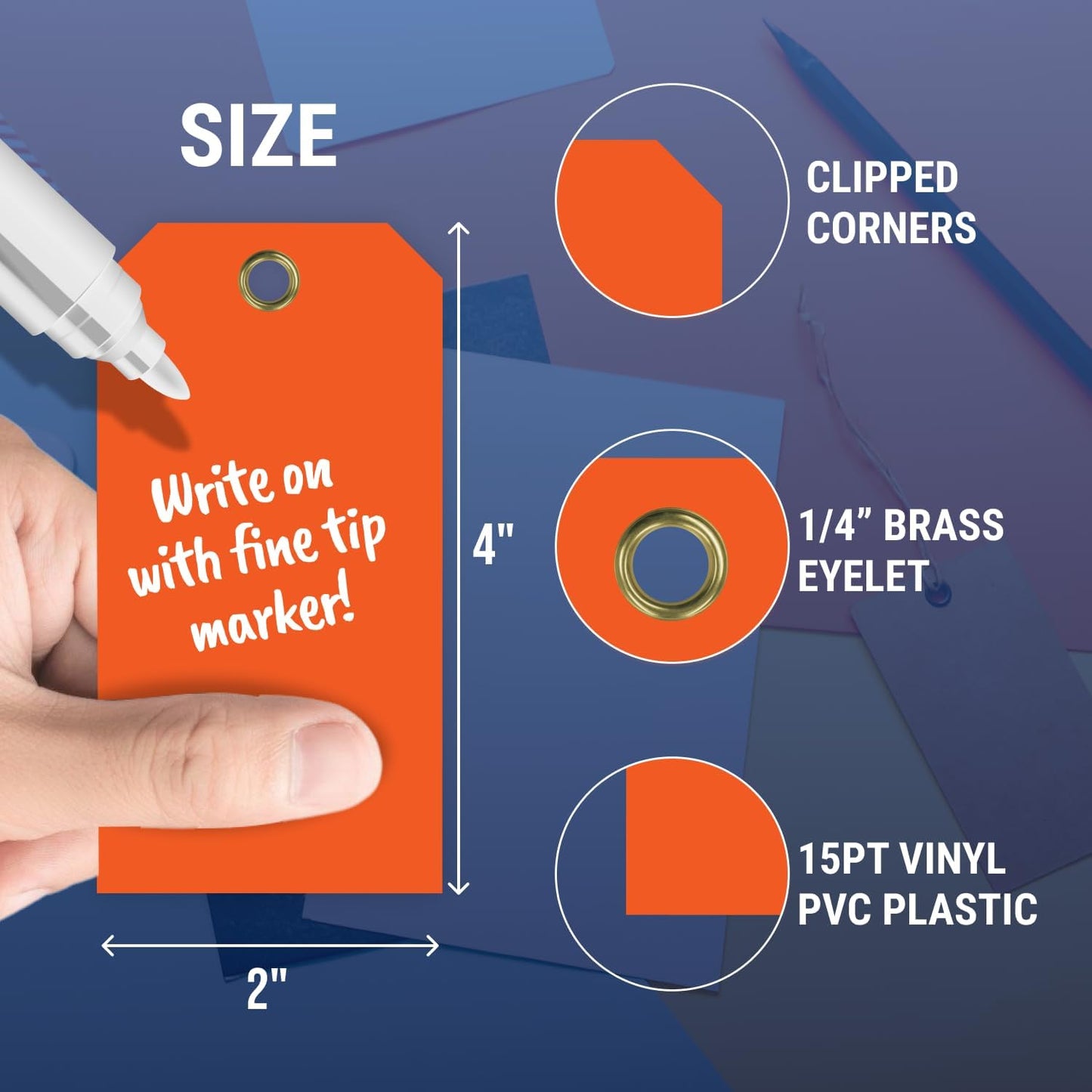 Tags 4 Less 15 Mil Waterproof Plastic Tags, Pack of 100 – 2” x 4” Heavy Duty Plastic Tags for Labeling, Outdoor Tagging, Equipment Labeling, Luggage, Valves & More (Orange)