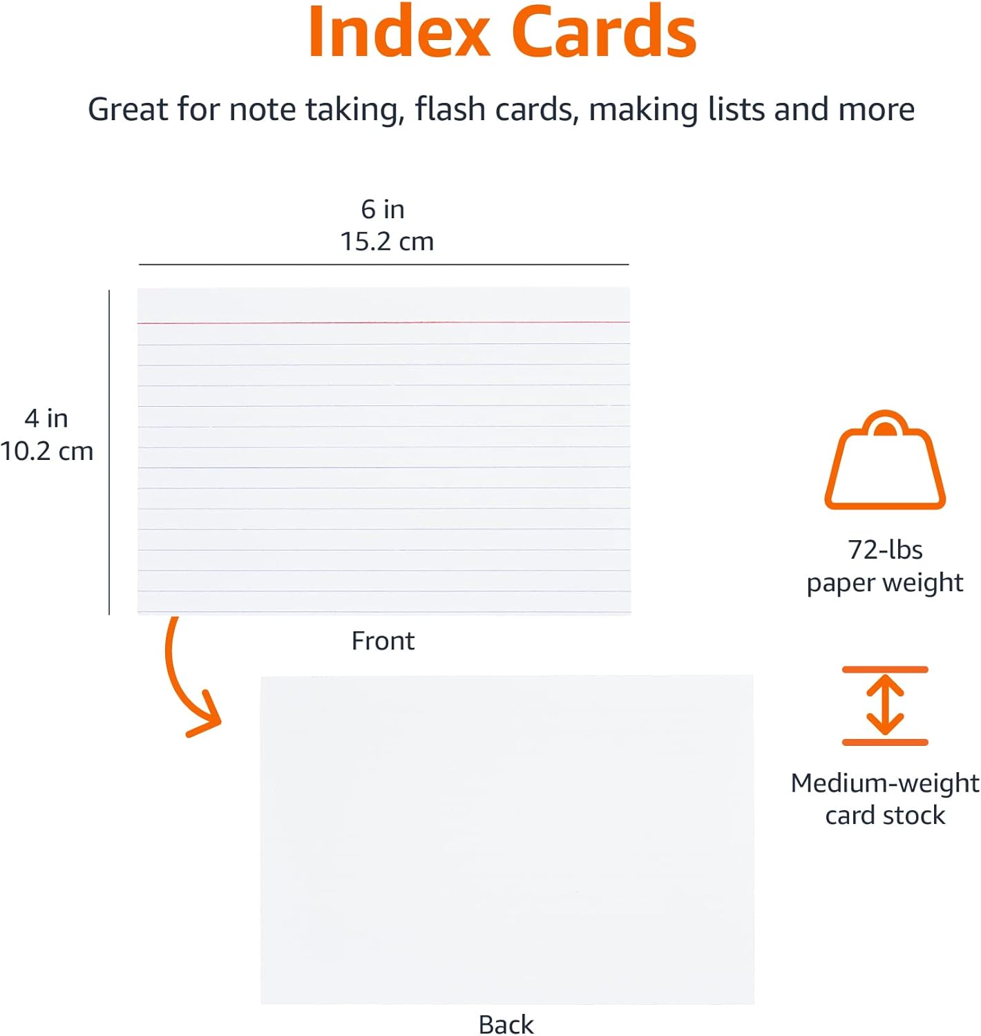Amazon Basics Ruled Lined Index Note Cards, 500 Count, 5 Pack of 100, White, 4 in x 6 in