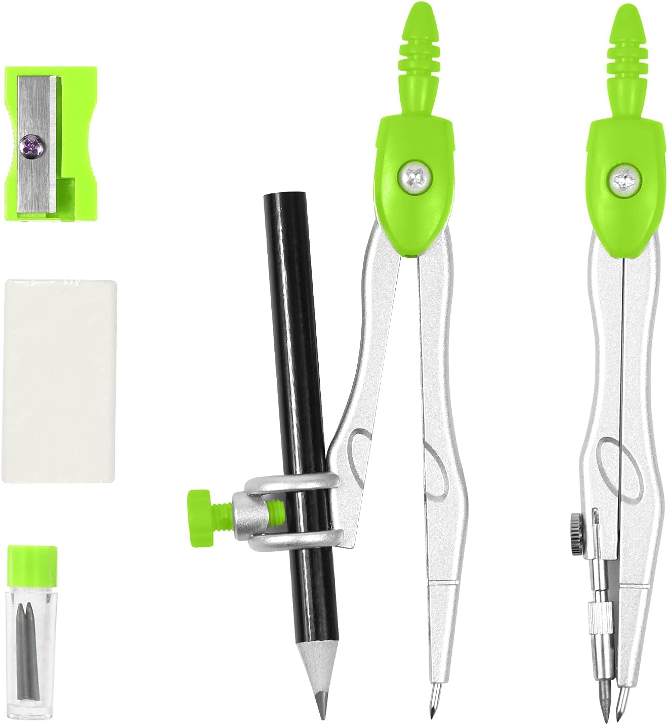Math Geometry Kit Sets 10 Piece Student Supplies with Shatterproof Storage Box,Includes Rulers,Protractor,Compass,Eraser,Pencil Sharpener,Lead Refills,Pencil,for Drafting and Drawings（Green）