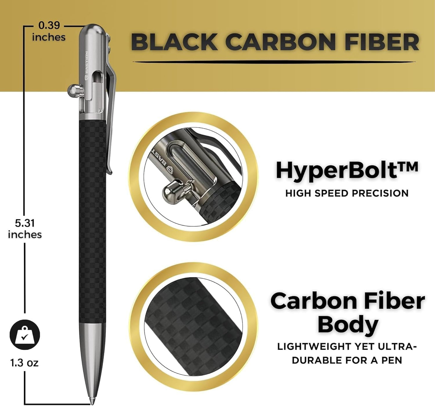 BASTION® Luxury Slim Bolt Action Pen, EDC Pen with Fine Tip, Professional Ballpoint Pen for School and Work - Carbon Fiber-Stainless Steel