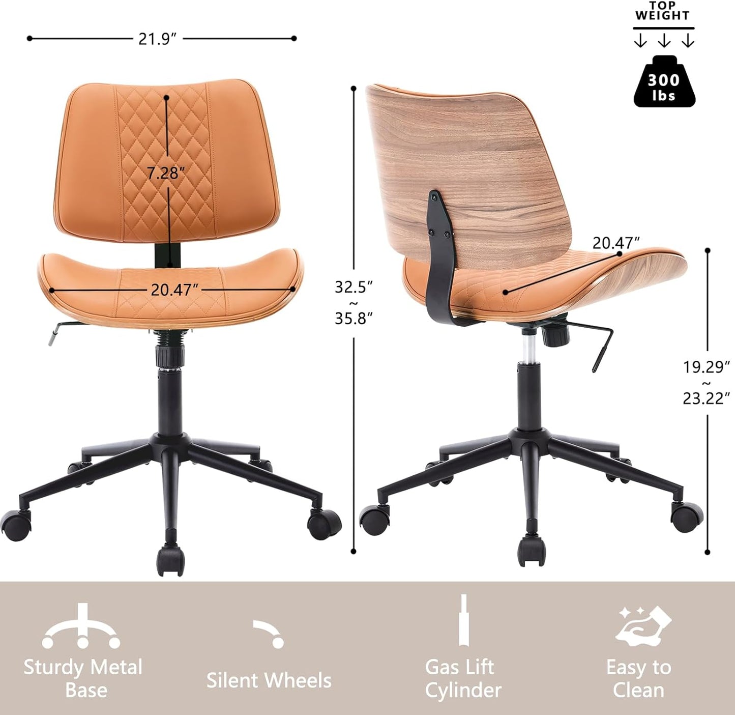 Home Office Chair No Arms with Wheels, Adjustable Height PU Leather Mid Back, 360 Swivel Computer Small Desk Chair, Armless Modern Walnut Style for Office, Reading Meeting Room(Brown)