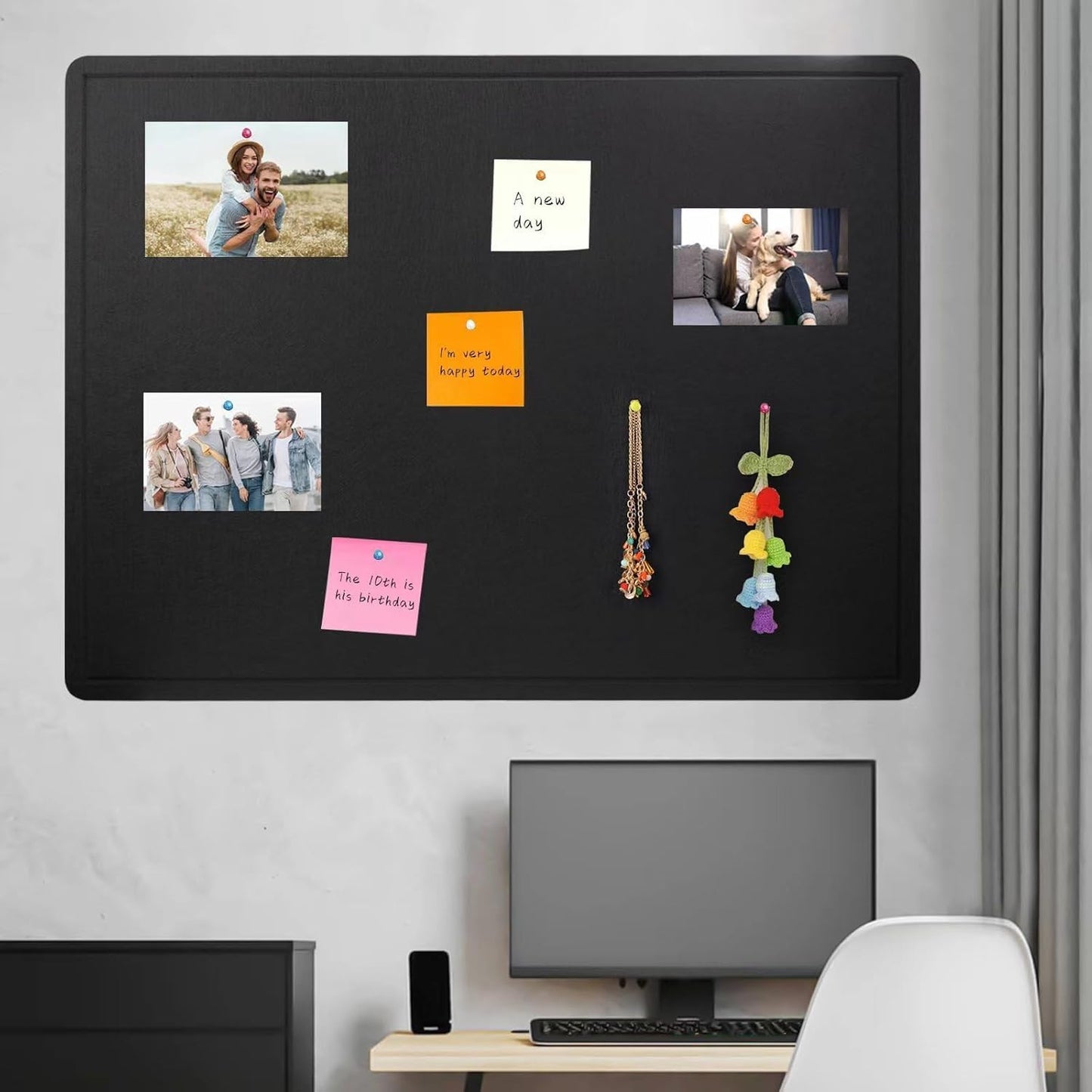 Bulletin Board - 35 x 17.5 inches Decorative Felt Pin Board - Cork Board Alternative for Wall - Foldable Photo Board Self-Adhesive Prayer Board with 20 Pushpins - Black