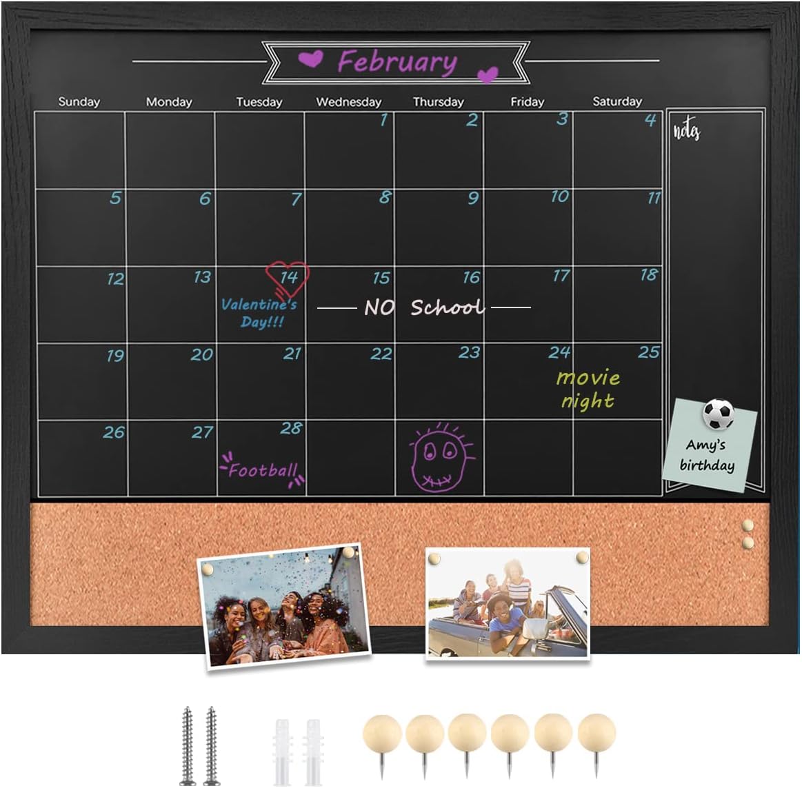 Magnetic Chalkboard Calendar Corkboard, 23.6" x 31.5" Combination Chalk Board Bulletin Board, Blackboard Calendar Cork Combo Board, Black(BK-6080)