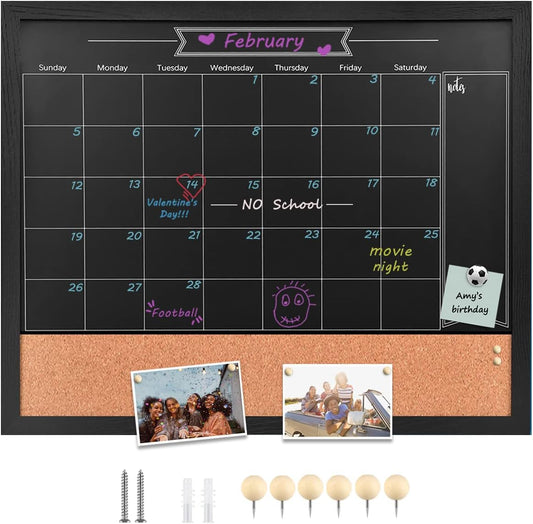 Magnetic Chalkboard Calendar Corkboard, 23.6" x 31.5" Combination Chalk Board Bulletin Board, Blackboard Calendar Cork Combo Board, Black(BK-6080)