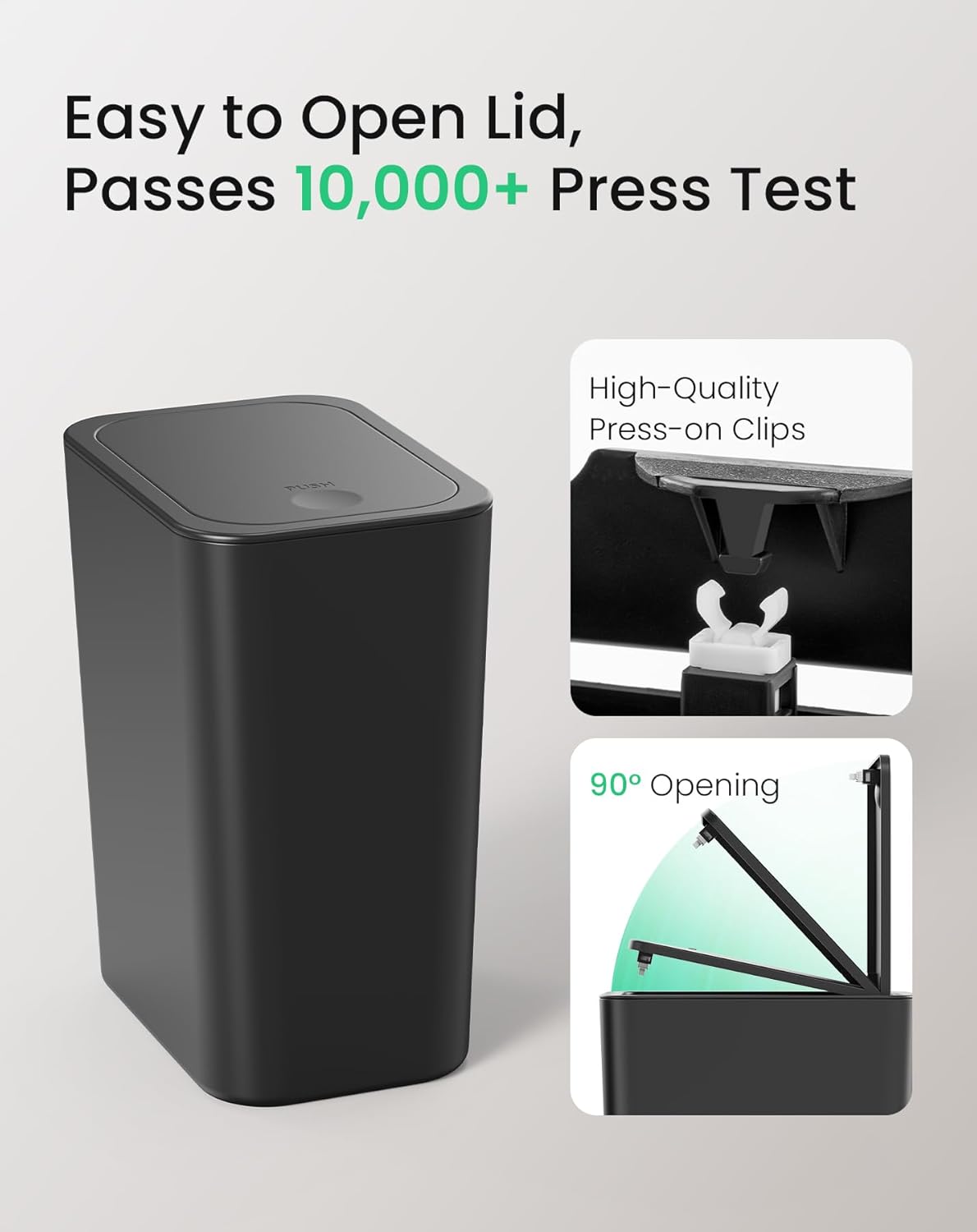 Cesun Bathroom Trash Can with Lid, 2.6 Gallon Small Black Garbage Can, Press Top Lid Trash Bin, Dog Proof Trash Cans Plastic Waste Basket for Bedroom Toilet Office