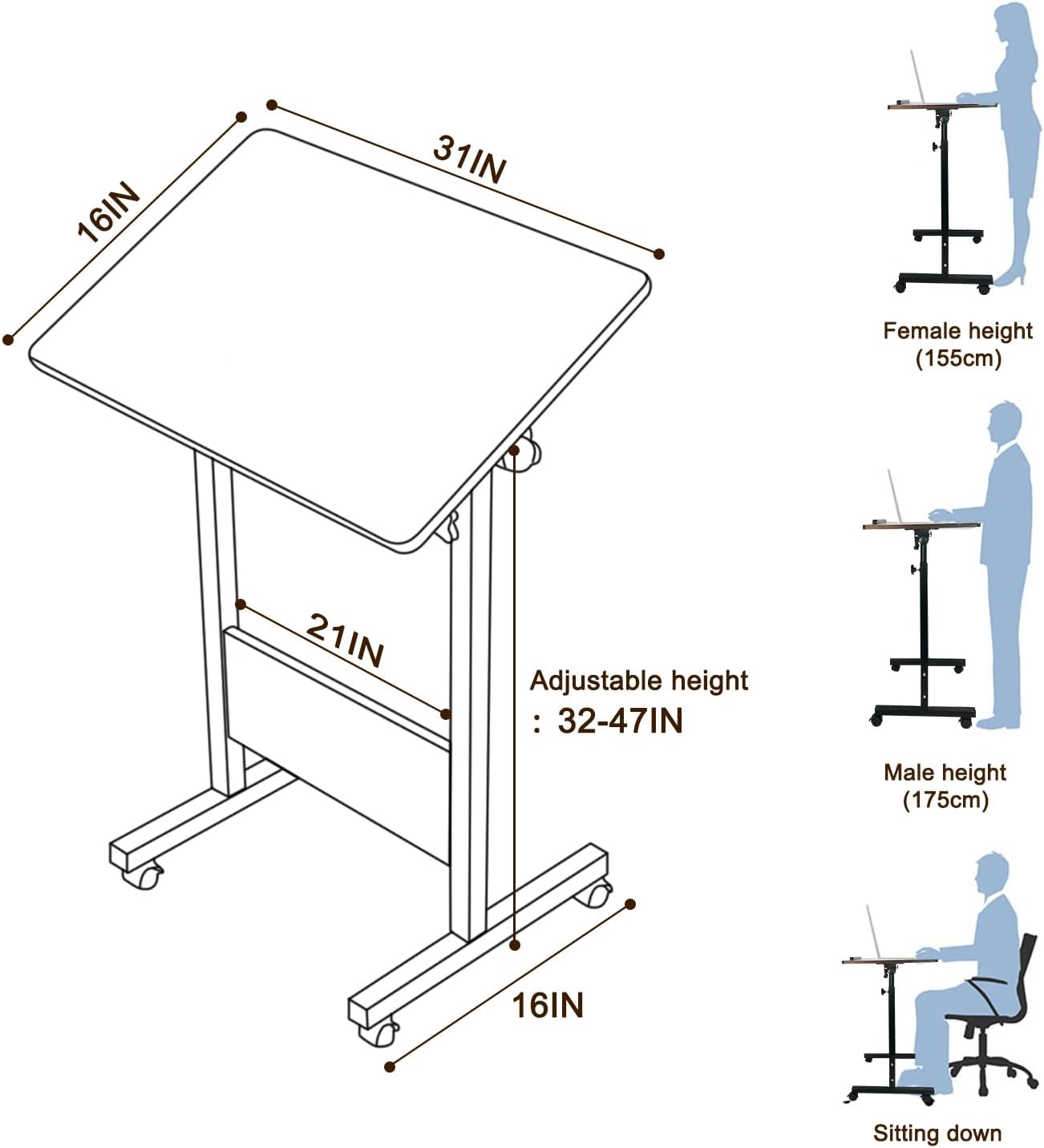 KOUPA Adjustable Height Standing Desk, Writable Tempered Glass Desktop with Eraser, 360° Flip, Wheels – Ideal for Small Spaces and Home Offices, 31 in, White(Adjustable Height: 32-47 in)