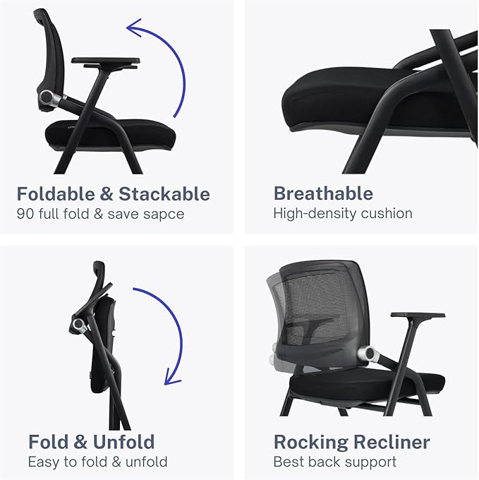 10 Pack Foldable Office Chairs with Wheels, Mesh Back, Arms and Portable - Folding Office Chairs Stackable for Conference Room Chair, Office Guest & Reception & Meeting Chair - (Black) 300 lbs.