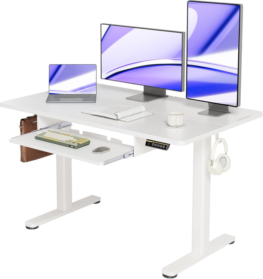 YDN Standing Desk with Keyboard Tray, 48 Inch Height Adjustable Desk with Cable Management, White Stand Up Desks for Home and Office, White