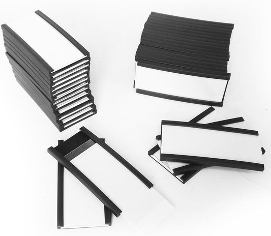 50 Pack C-Channel Magnetic Label Holders (1″ x 2″) with Paper Inserts & Clear Covers – Durable Magnetic Shelf & File Cabinet Labels for Metal Surfaces