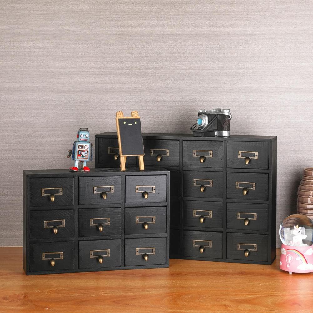 09 Drawers Apothecary Cabinet with Drawers Tabletop Apothecary Chests and Cabinets Library Card Catalog Cabinet Herb Storage Box Wooden Desk Drawer Organizer Medicine Vintage Furniture(BLACK)