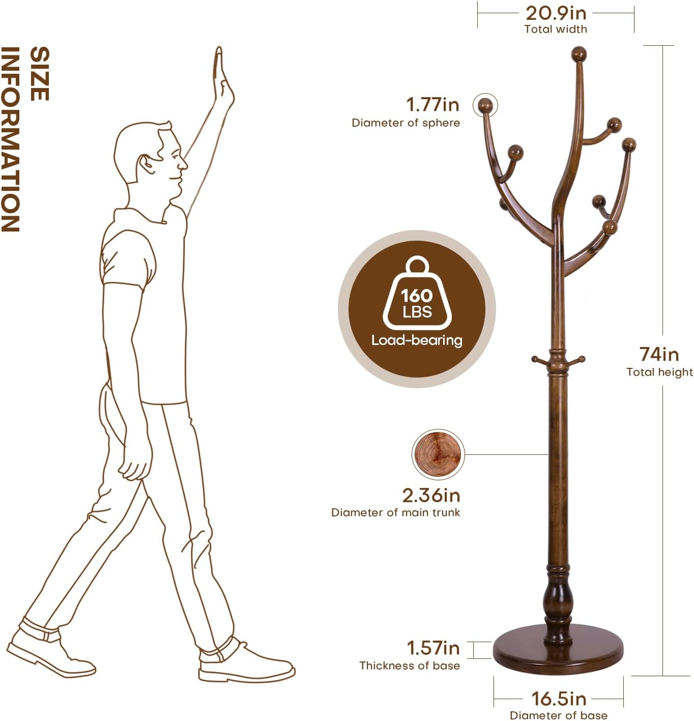 Wood Coat Rack Coat Tree Freestanding with Hooks, Heavy Duty Standing Coat Rack with Solid Round Base, 74” Tree Shaped Coat Hanger Stand for Clothes, Hat, Jacket, Entryway Bedroom, Walnut
