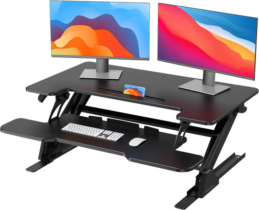 HUANUO 36" Z Shaped Stable Electric Standing Desk Converter, Height Adjustable Sit Stand Up Desk Riser, Dual Monitor and Laptop Workstation with Wide Keyboard Tray, Desk Lifter for Home Office