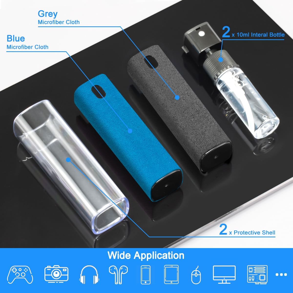 2 Pack Car Touch Screen Mist Cleaner, walrfid Laptop Screens and Phone Touchscreen Cleaning Kit for iPad, iPhone, MacBook Pro with Aipods Cleaning Pen, Small Brush and Eyeglass Cloth - Grey and Blue