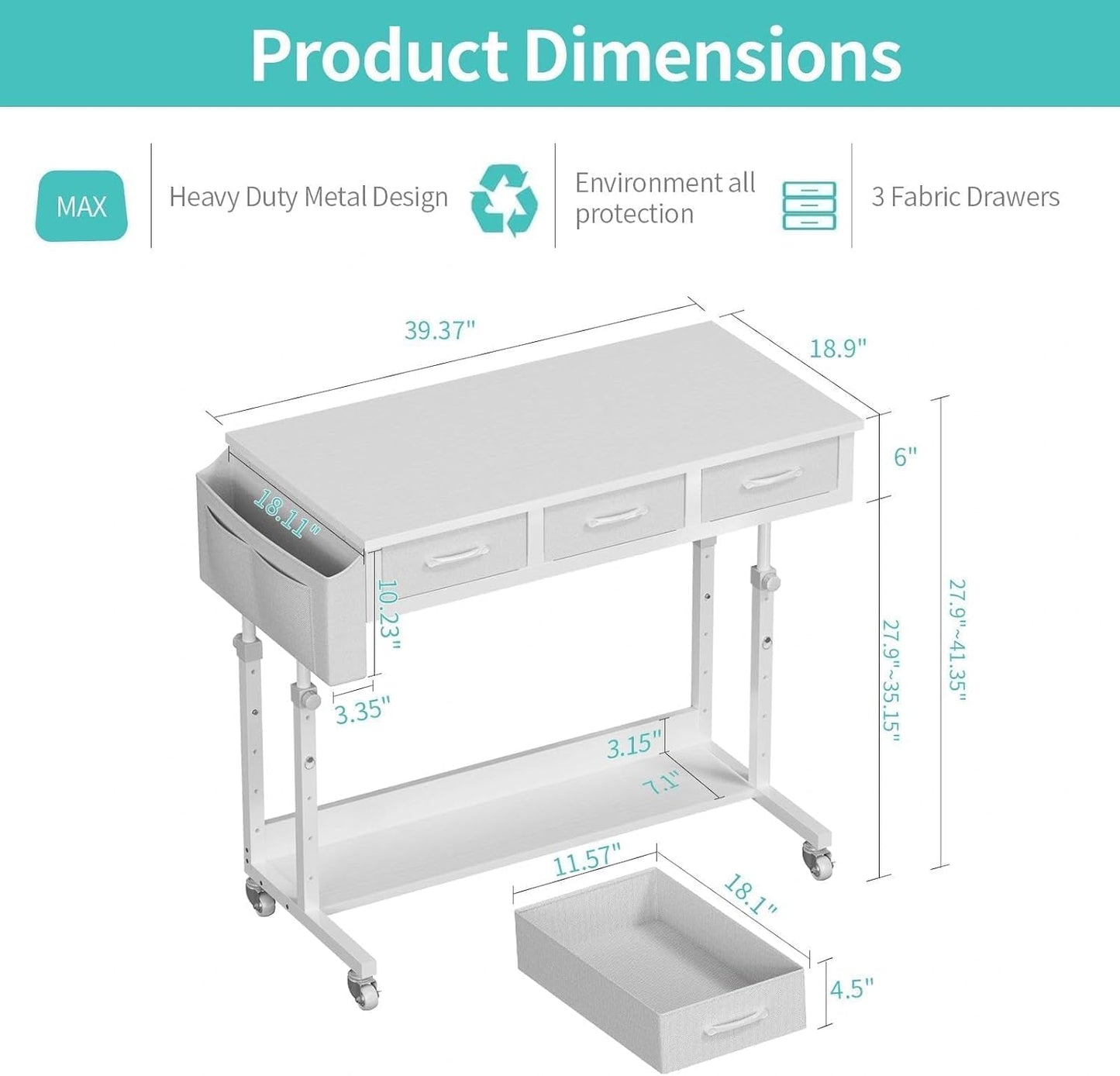 White Portable Rolling Computer Desk - 40 Inch Adjustable Mobile Standing Teacher Desks with 3 Fabric Drawers on Wheels, Couch Sofa Side Laptop Stand Up Table with Storage for Home Office, White