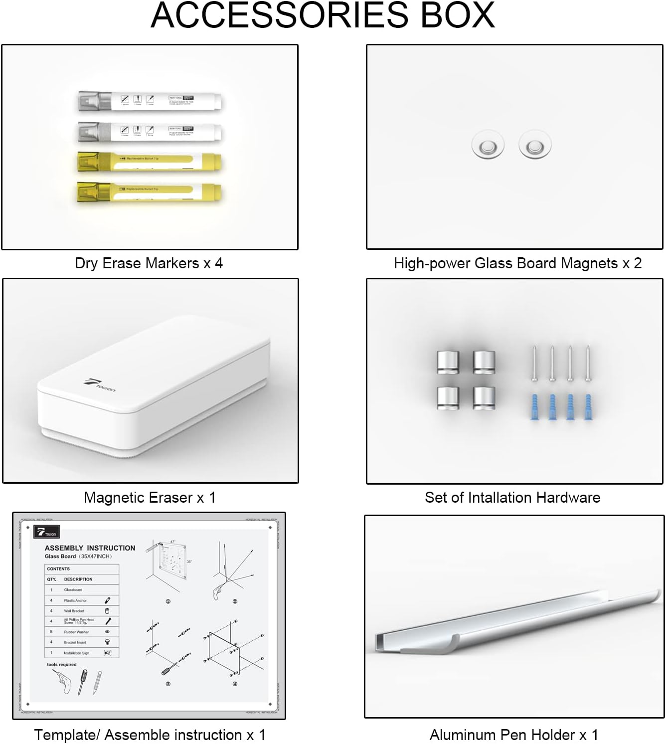TOWON 47 x 35 Inch Glass Dry Erase Board Reminder, Magnetic Whiteboard Calendar Yearly, Monthly Planner Set for Office, Kitchen and School, Black