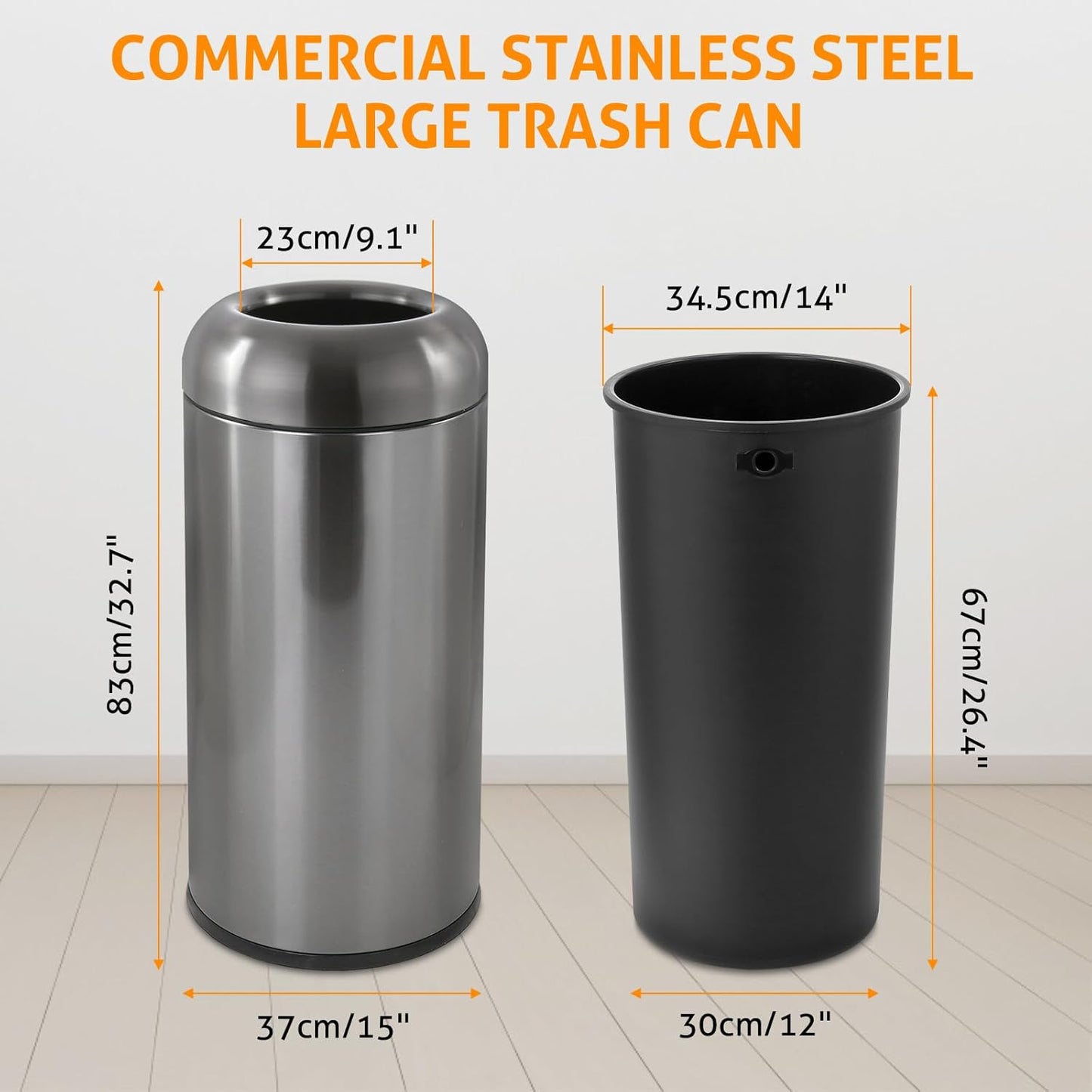 WICHEMI 16 Gallon Commercial Large Trash Can, Bullet Outdoor Trash Bin with Open Top Lid, Brushed Stainless Steel Garbage Can, Black