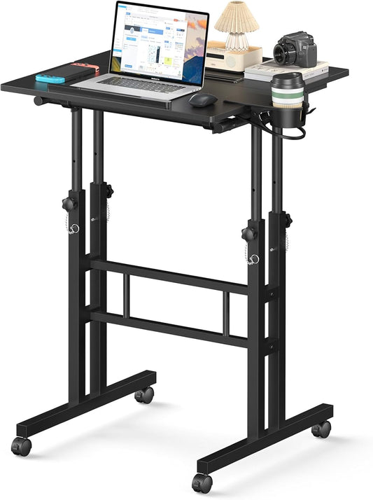 Small Standing Desk with Wheels, Mobile Stand Up Desk, Portable Standing Table on Wheels for Walking Pad, Rolling Computer Desk Adjustable Height, Tall Table