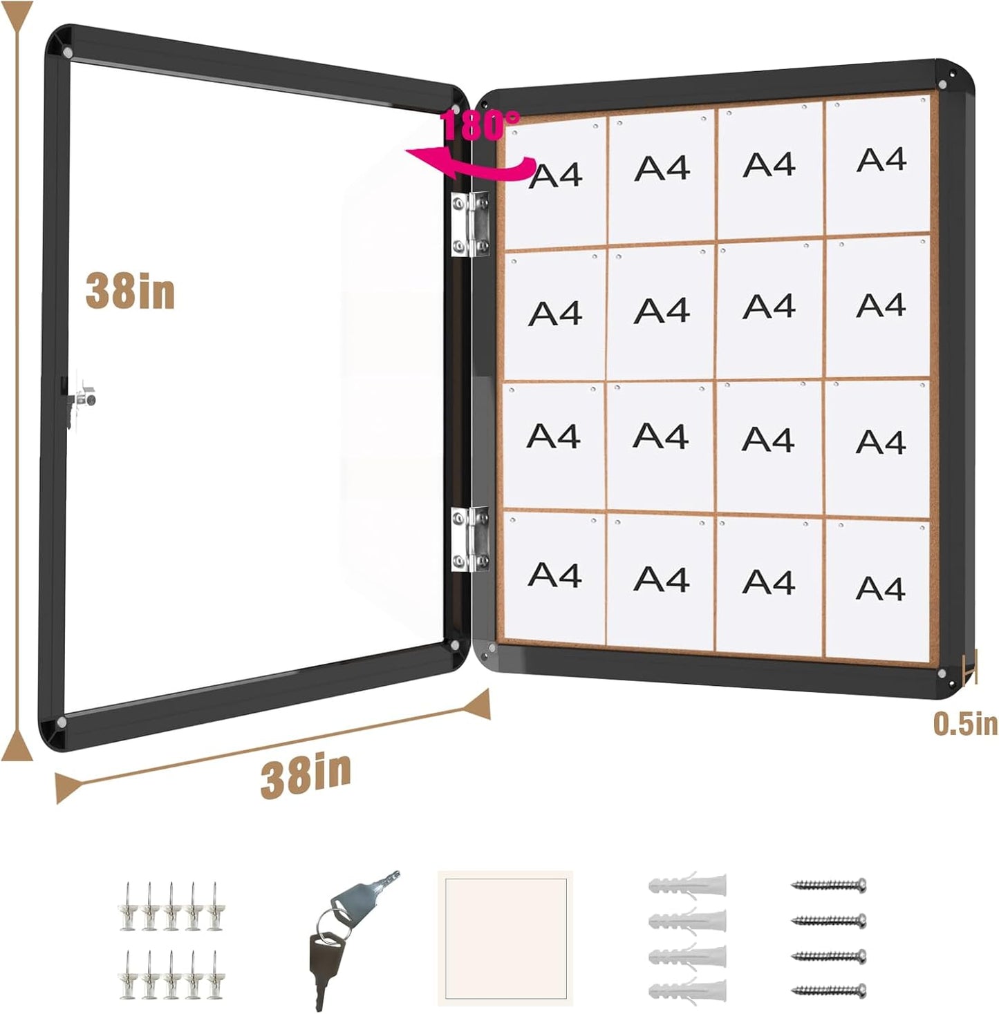 38"x38" Enclosed Bulletin Board, Lockable Weather-Resistant Aluminum Cork Noticeboard for School & Office Hospital, Black Frame w/Cork