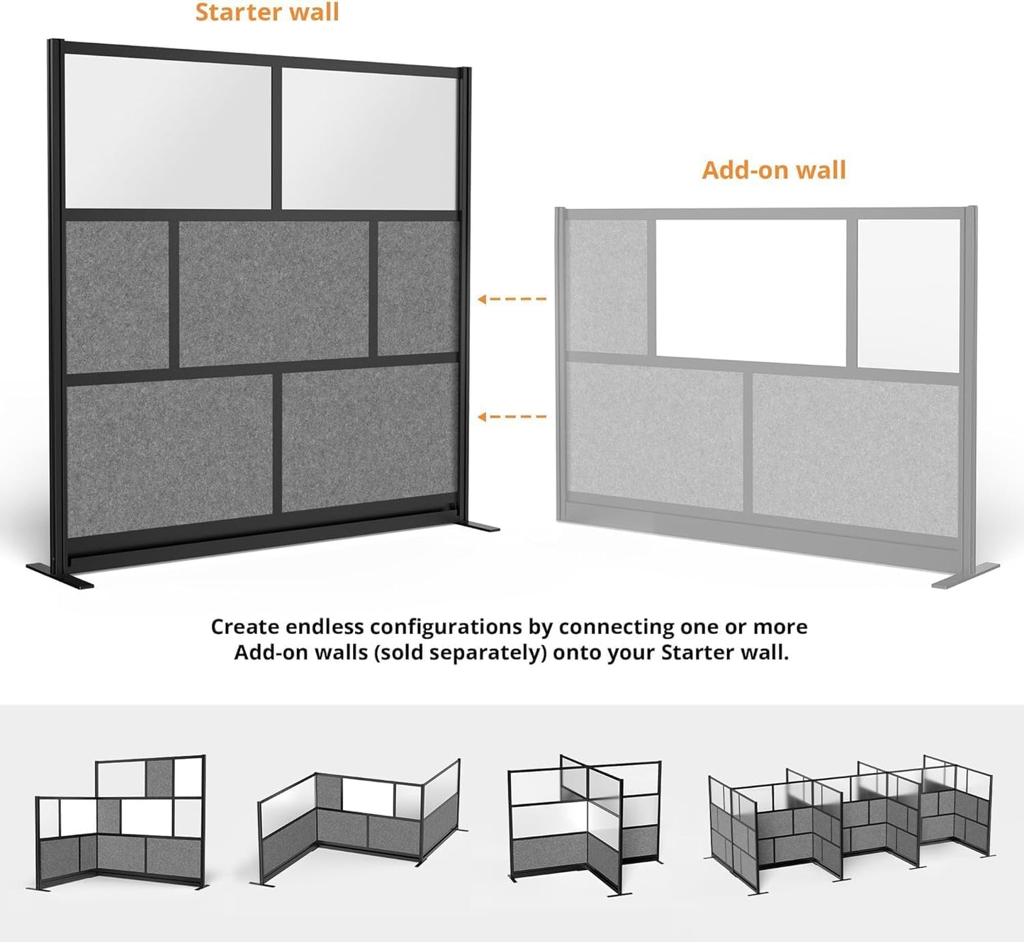 Stand Up Desk Store Expanse Modular Wall | 70'' x 70'' Wall | Expandable Partition Room Divider with Rearrangeable Frosted Acrylic & Sound Absorbent Panels (Black Frame)