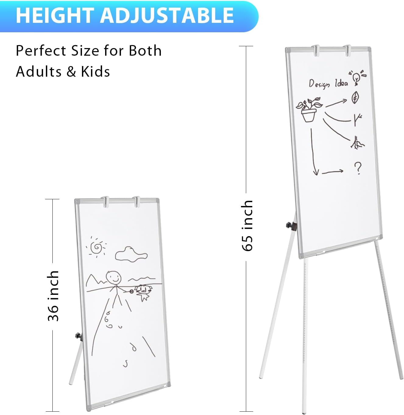 Easel Whiteboard - Magnetic Portable Dry Erase 36 x 24 Tripod Height Adjustable, 3' x 2' Flipchart Easel Stand White Board for Office or Teaching at Home & Classroom (36x24 White)