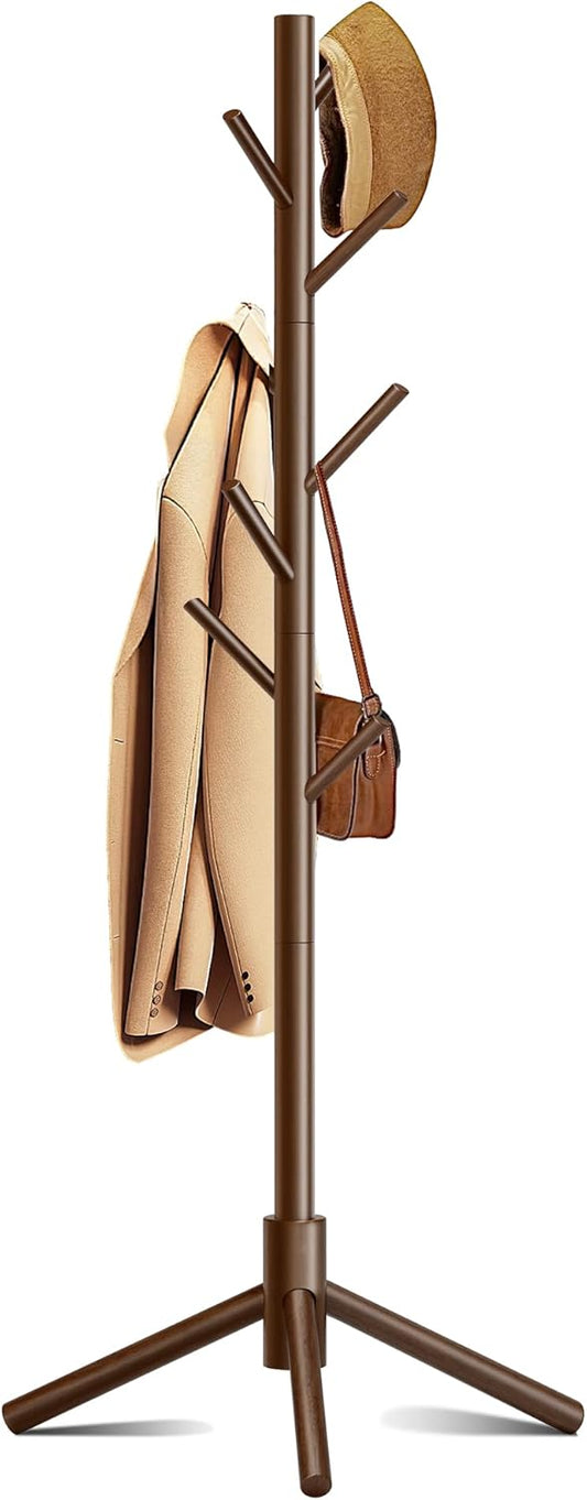 Wooden Coat Rack, Free Standing Coat Rack with 8 Hooks 3 Adjustable Heights for Clothes, Hats, Handbags, Coat Tree Easy Assembly for Entryway, Bedroom, Hallway, Office (New Brown)