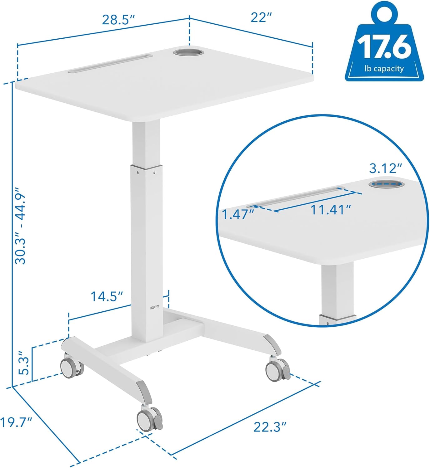 Mount-It! Laptop Cart Rolling Desk Adjustable Height with 28.5" x 22" Tabletop, Ergonomic Sit-Stand Workstation on Wheels Portable for Home Office, Dorm, Classroom, White