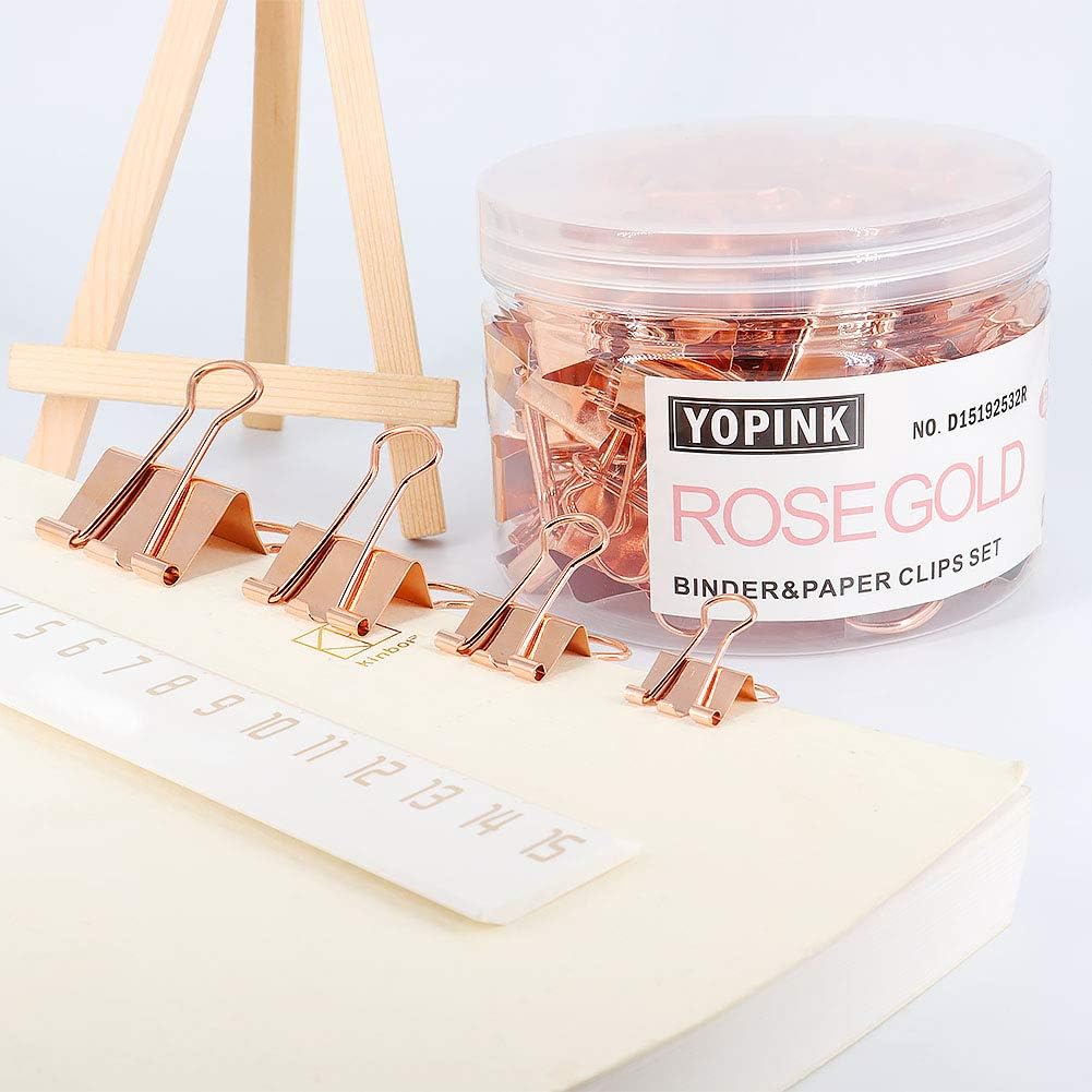 Binder Clip Paper Clamps, Assorted Sizes (Mini, Small, Medium, Large), 100 Pcs Clips for Office School Supplies (Rose Gold)