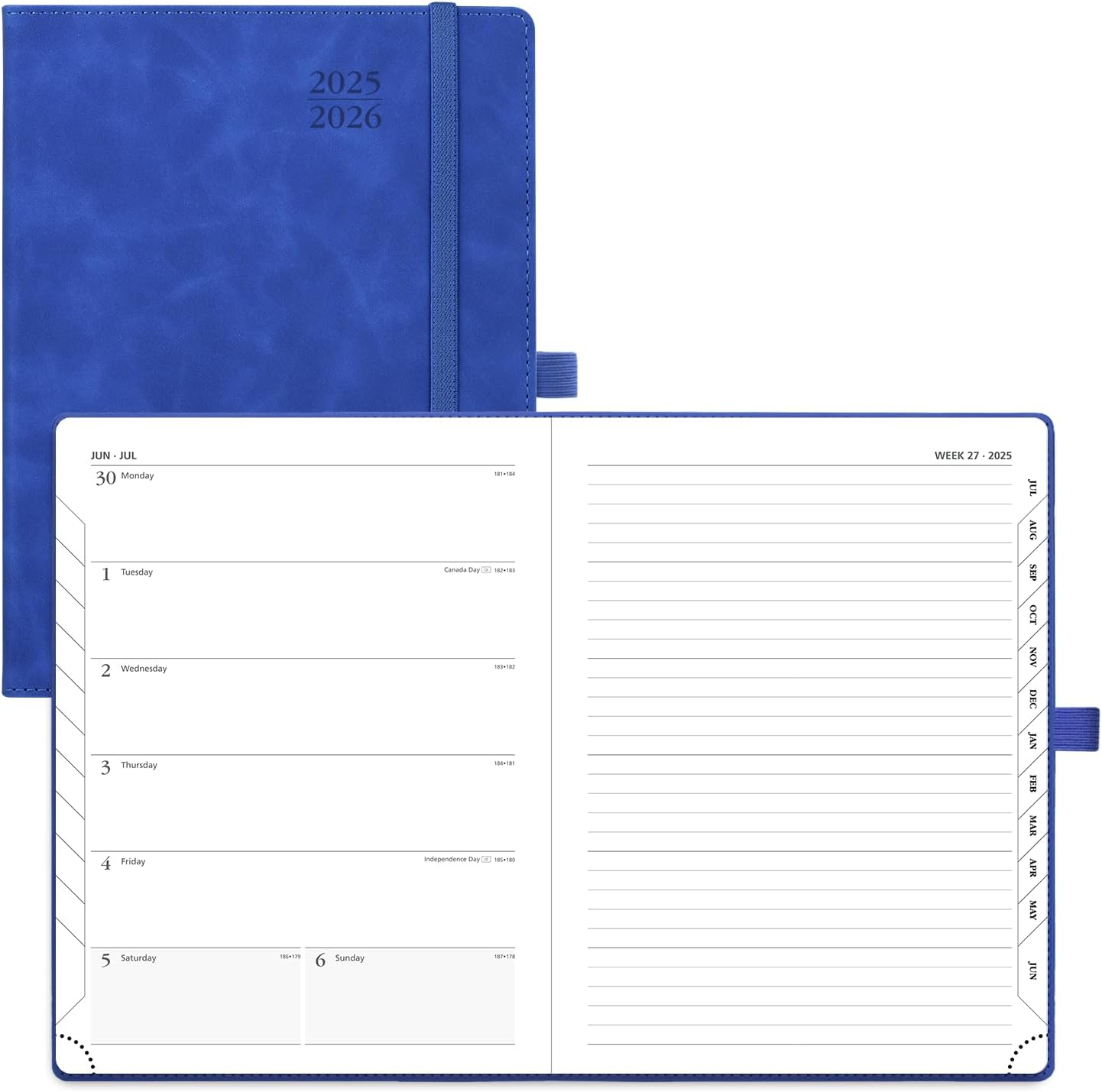 POPRUN Planner 2025-2026 Weekly Notebook (Medium 6.5''x 8.5'') Academic Calendar (JUL.25 - JUN.26) Appointment Book with Monthly Tabs, Leather Soft Cover, Inner Pocket, 100 GSM - Royal Blue