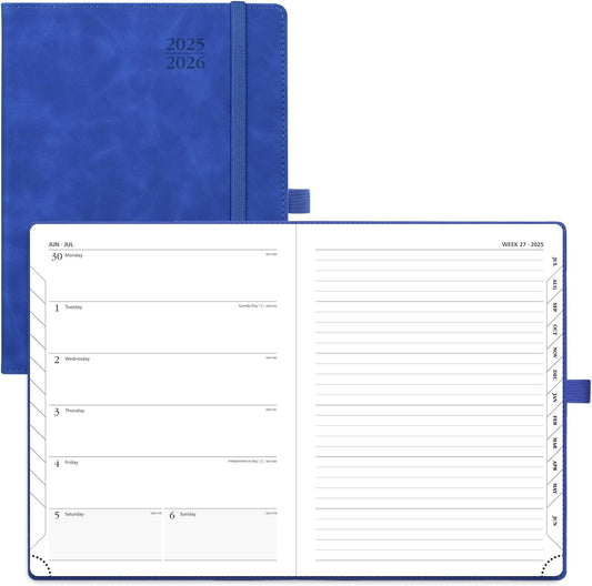 POPRUN Planner 2025-2026 Weekly Notebook (Medium 6.5''x 8.5'') Academic Calendar (JUL.25 - JUN.26) Appointment Book with Monthly Tabs, Leather Soft Cover, Inner Pocket, 100 GSM - Royal Blue