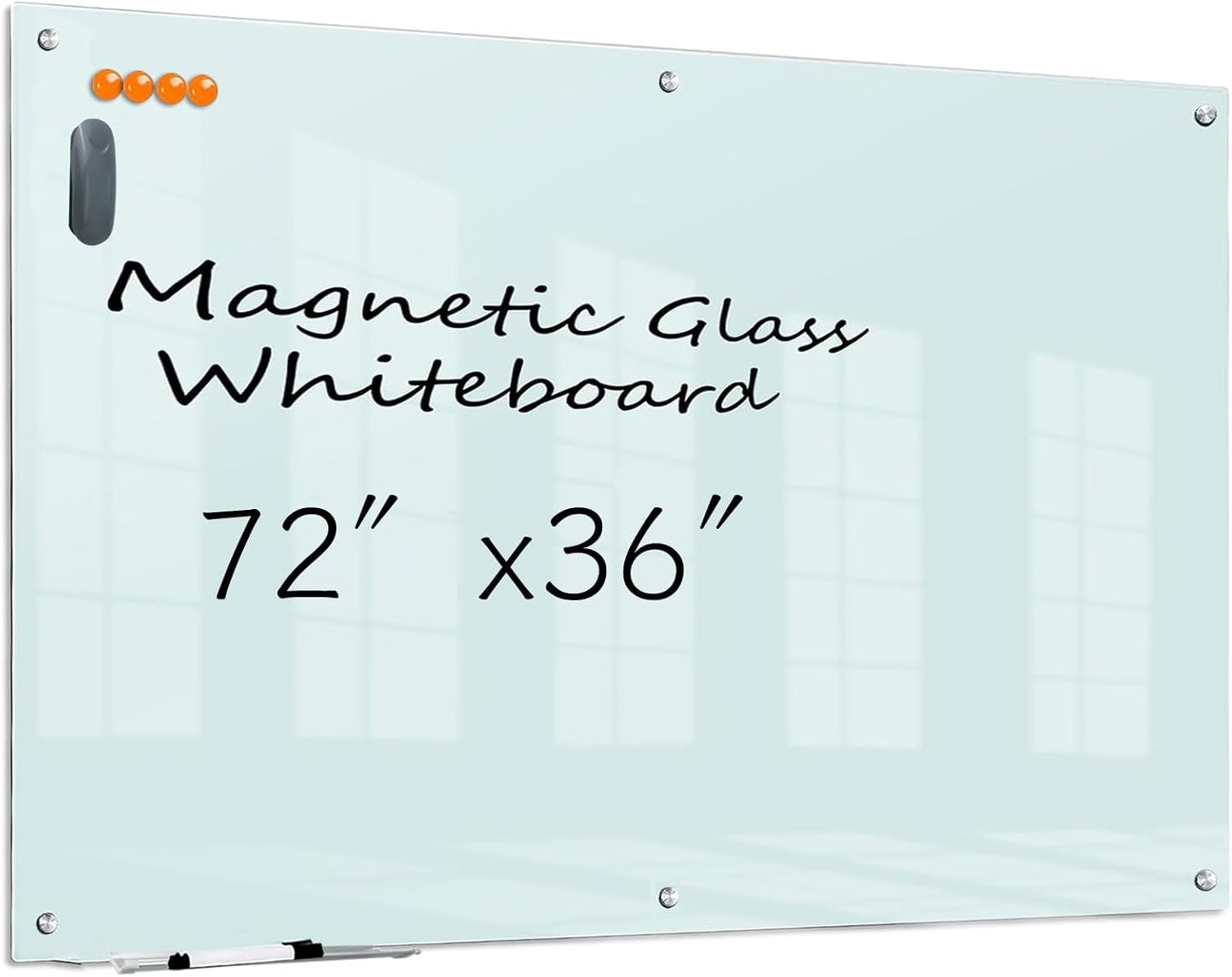KIZZBY Glass Dry Erase Board - Magnetic Whiteboard, 72"X36" Frameless White Board Clear Glass Boards with Super Strong Magnets, Wall Mounted for Office, Classroom and Home