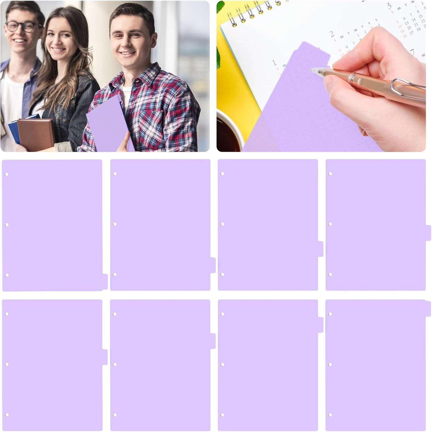 3 Ring Pink Binder Dividers with 8-Tabs, A4 Purple Binder Dividers, Sturdy Plastic Dividers, Aesthetic Dividers for Binder, Suitable for Notebooks and Binders, Tabs for Binder, 3 Hole Punch(Purple,A4)