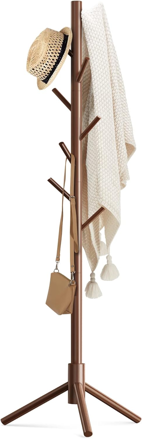 Haddockway Wooden Coat Rack Stand with 8 Hooks New Zealand Pine 3 Adjustable Coat Standing Tree Easy Assembly for Coats, Hats, Scarves and Handbags for Entryway, Hallway, Bedroom, Office
