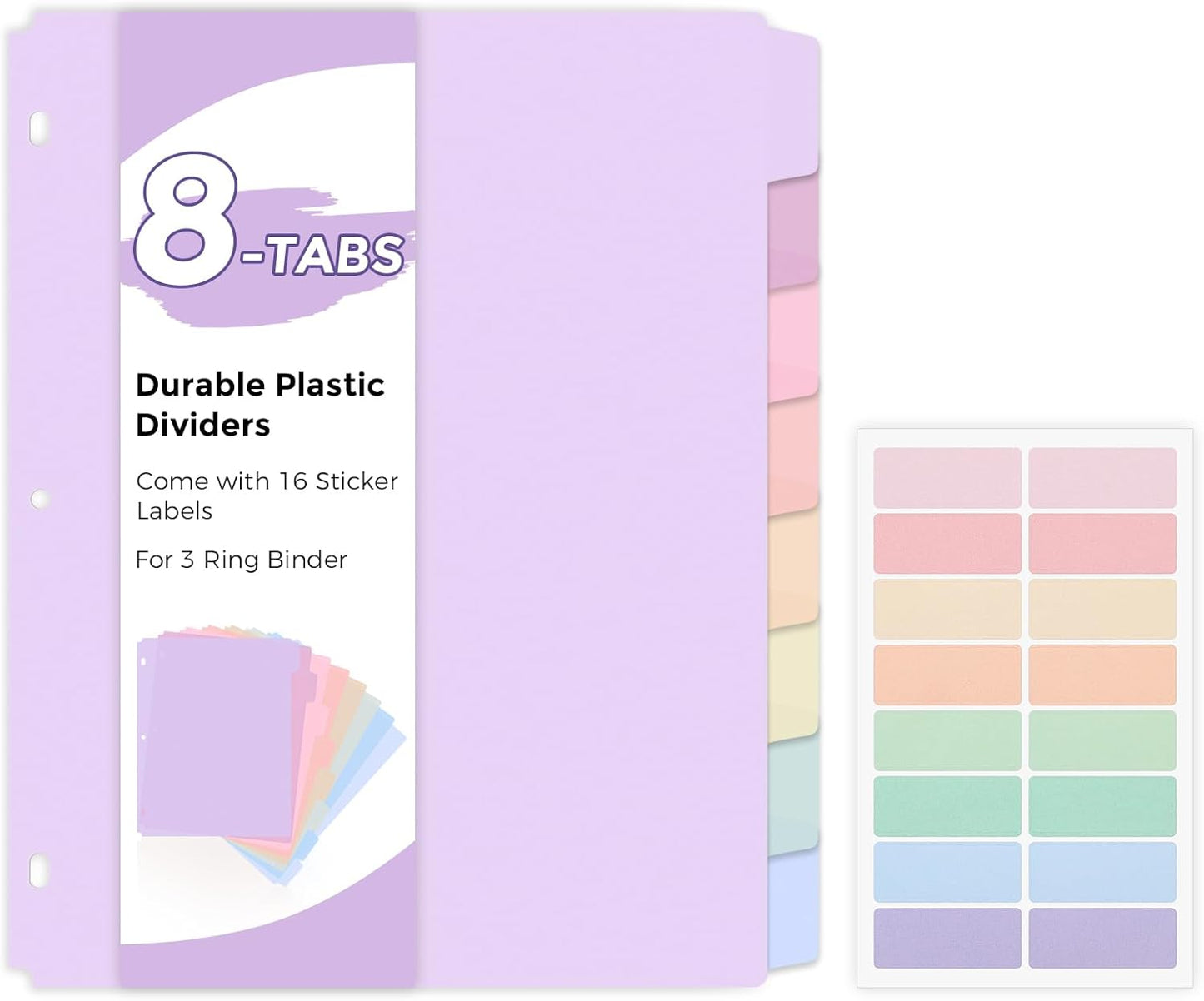 SKYDUE Durable Plastic 8-Tab Dividers, Big Tab Dividers for 3 Ring Binder, Write&Erase 3 Ring Binder Dividers with Tabs,with Sticker Labels, 1 Set, Pastel Color (Purple)