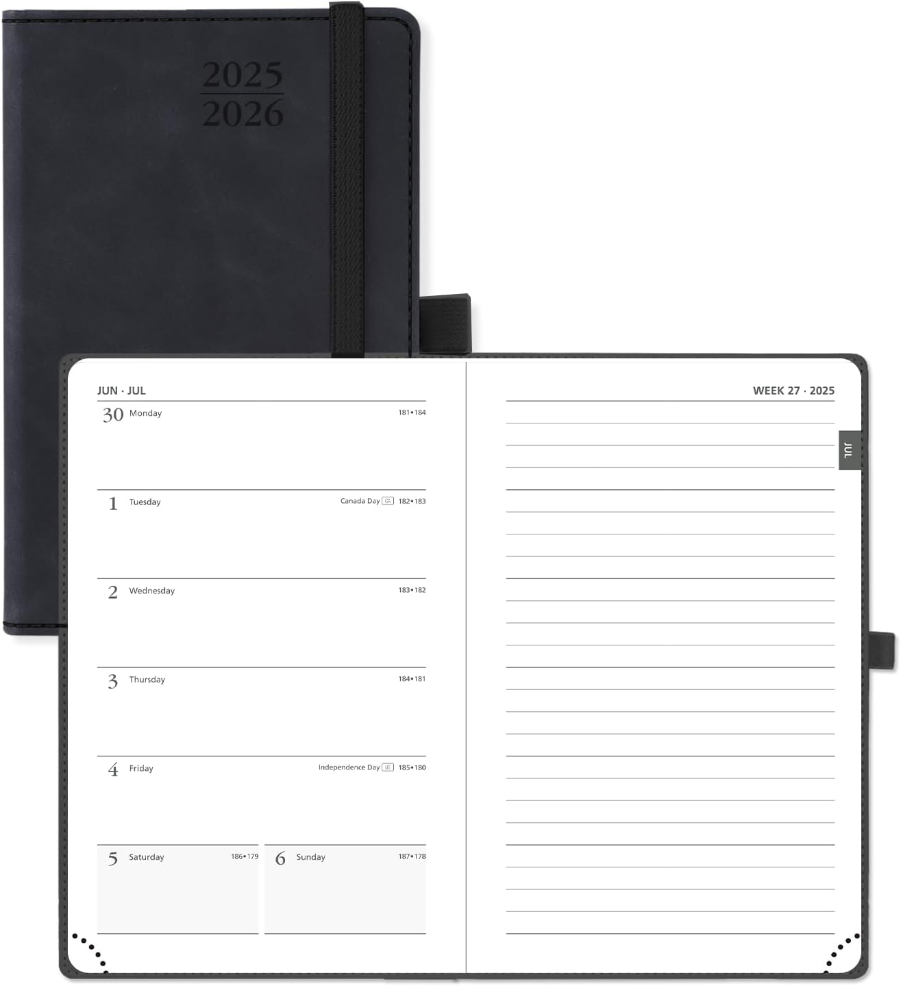 POPRUN Planner 2025-2026 Weekly Notebook for Purse(Pocket Size 4''x 6.25'') Small Academic Calendar (JUL.25 - JUN.26) with Monthly Tabs, Leather Soft Cover, Inner Pocket, 100 GSM - Black