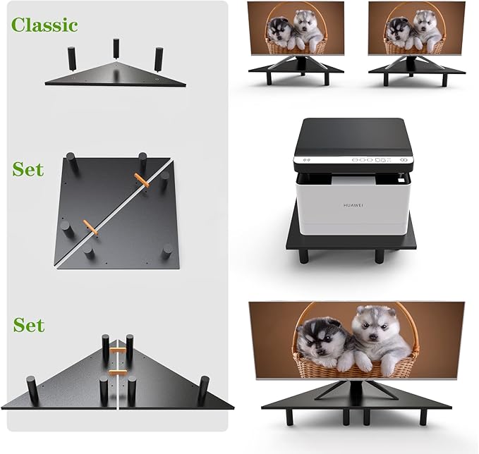 2 Pack White Corner Monitor Stand, Triangle/Square Adjustable Height Riser, 27-inch Universal Desktop Shelf for Computer, Laptop, PC, iMac, Printer (Black)