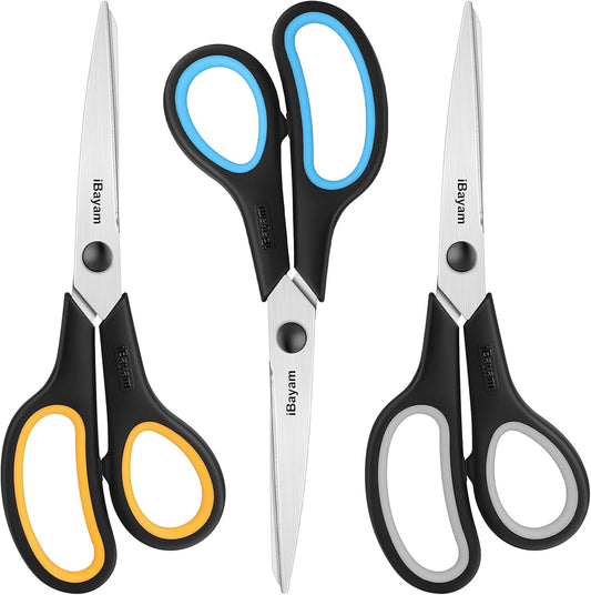 Scissors All Purpose, iBayam 8" Heavy Duty Scissors Bulk 3-Pack, 2.5mm Thickness Ultra Sharp Blade Shears with Comfort-Grip Handles for Office Home School Sewing Fabric Craft Supplies, Right/Left Hand