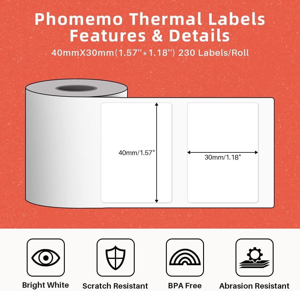 Phomemo 690 PCs Thermal Label - 1.57'' x 1.18'' (40x30mm) Labels Tape for M110/M220/M108/M250/M260/M120/M200/M221/M150/M160 Label Maker, Multipurpose Barcode Stickers, 230 Pcs/Roll