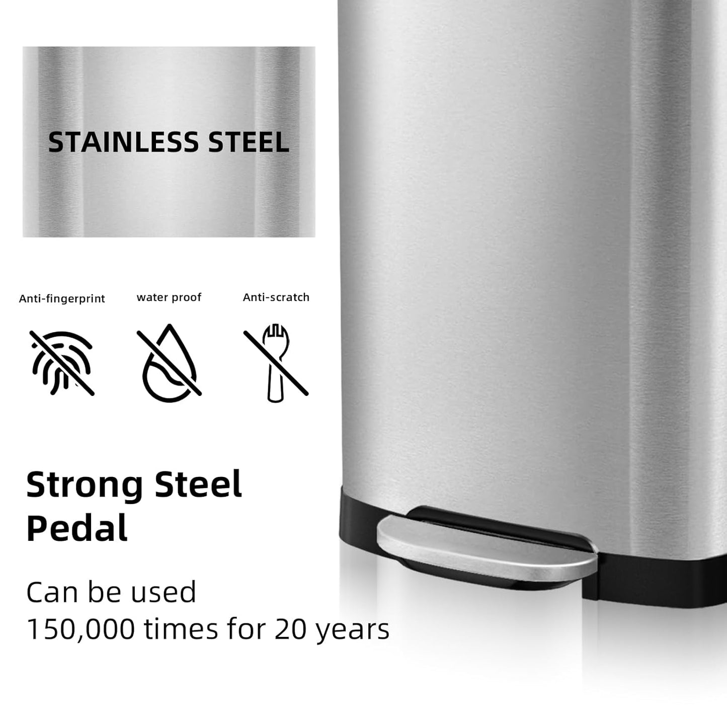 KUK 13 Gallon/50L Stainless Steel Kitchen Trash Can with Lid and Step Pedal-Large Capacity Garbage Bin with Odor Seal, Silent Close Lid, Removable Inner Bucket for Home, Kitchen, Bedroom, Silver