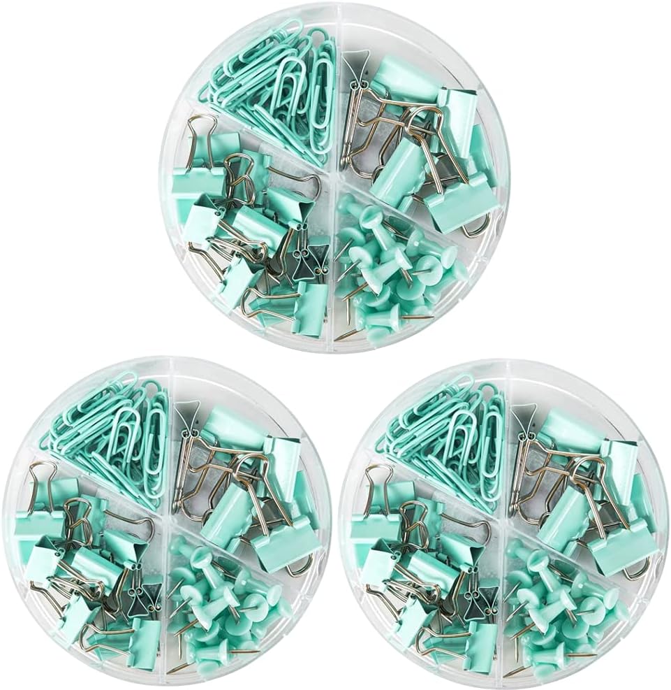 Paper Clips and Binder Clips Set, Metal Assorted Sized Binders with Push Pins, Cute Office Supplies for Desk, Desk Accessories (Green Set of 3)