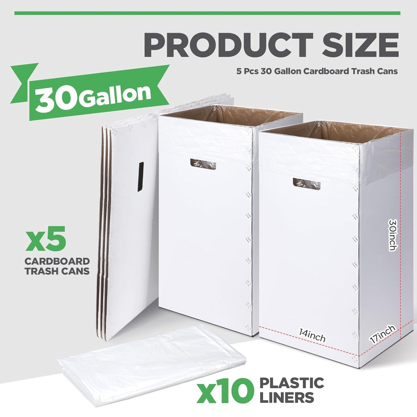 Tioncy 5 Pcs Cardboard Trash Cans Disposable and Reusable Corrugated Cardboard Trash Cans Recycling Bins Bulk with 10 Garbage Bags White Garbage Boxes for Parties Events(30 Gallon)