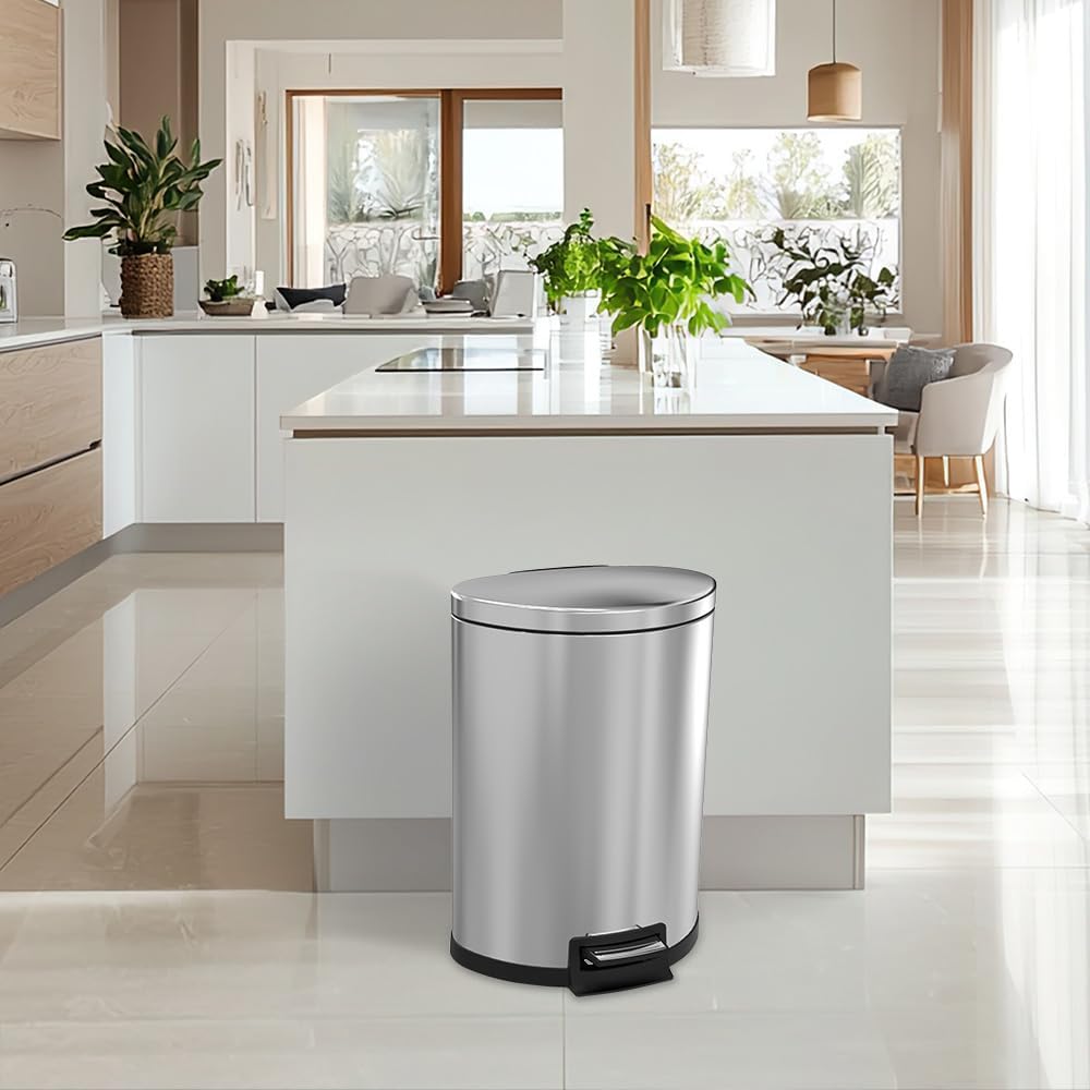 Kitchen Trash Can with Lid, 55 Liter/14.5 Gallon Semi Round Large Step Garbage Can, Soft Close Satin Stainless Steel Trash Bin for Bathroom Office