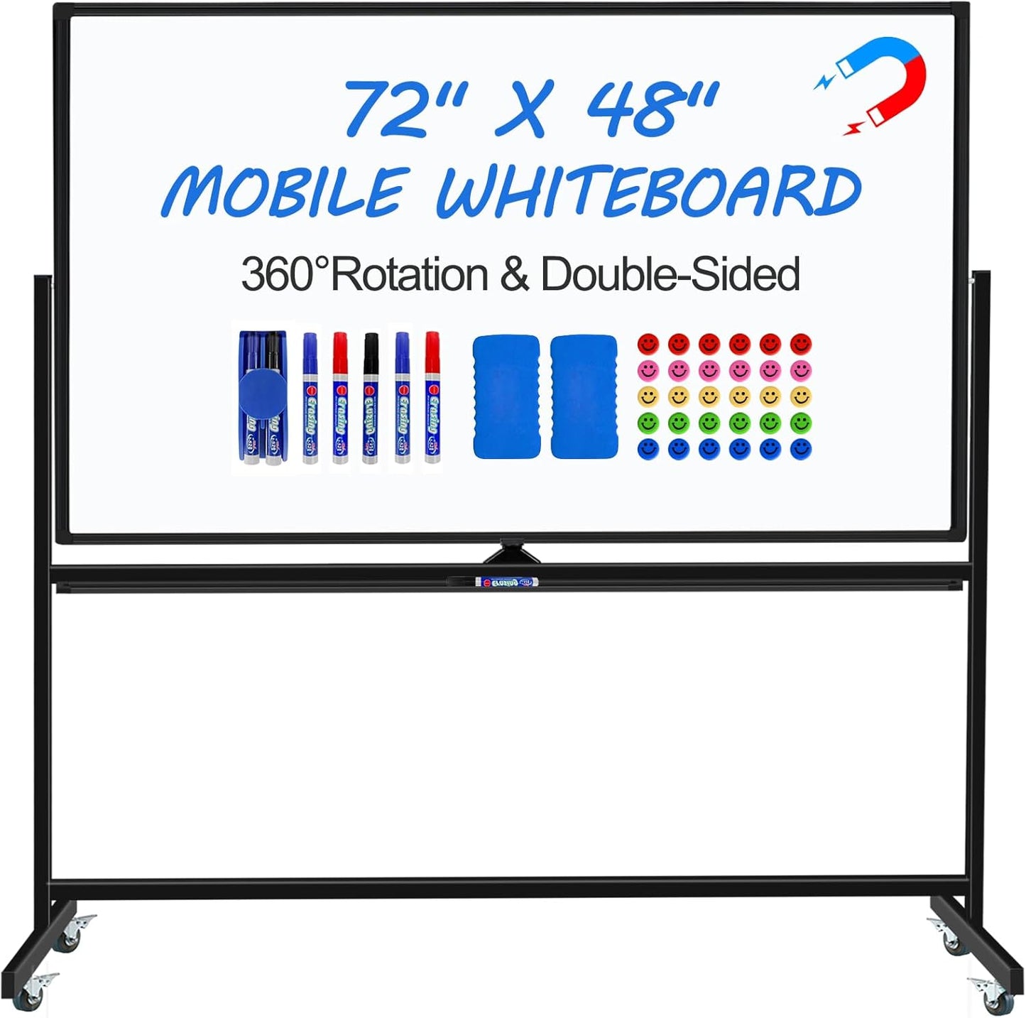 Large Dry Erase White Board with Rolling Stand 72"x48" Double-Sided Mobile Magnetic Whiteboard on Wheels, Including 3 Magnetic Erasers, 7 Markers, 30 Magnets