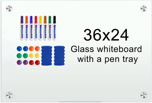 H-Qprobd Glass Whiteboard 36"x24" Magnetic Dry Erase White Board for Wall, Includes 12 Magnets, 8 Markers and 2 Erasers