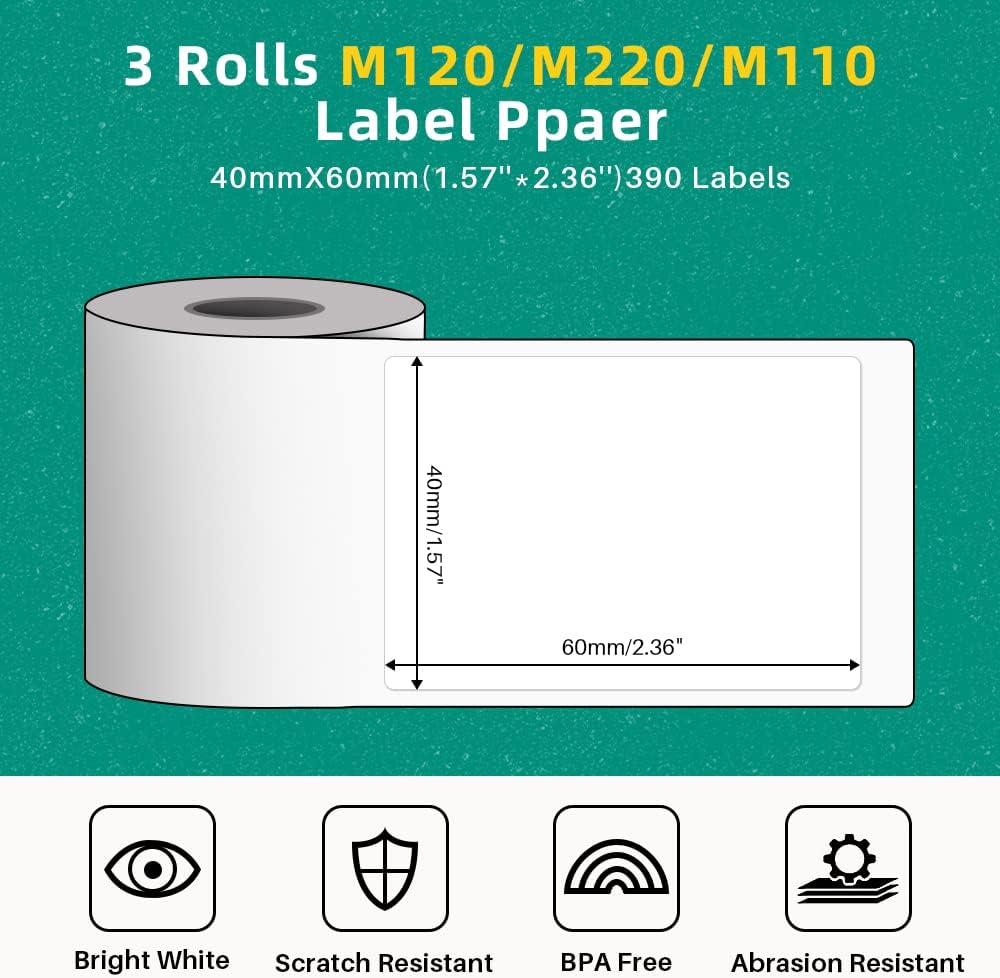 Phomemo 3 Rolls M110/M220/M110/M108/M250/M120/M150/M260/M221/M200 Thermal Label Paper 1.57'' x 2.36'' (40x60mm), Square Self-Adhesive Barcode&Address Label,130 Pcs/Roll, Black on White