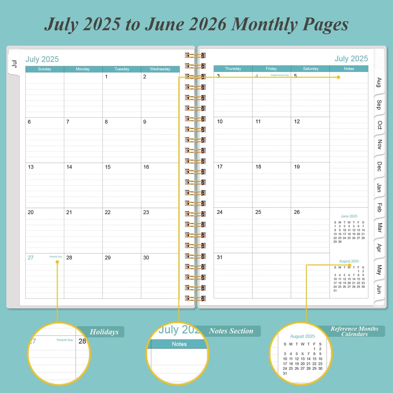 Planner 2025-2026 - July 2025 - June 2026, Academic Planner 2025-2026 with Flexible Cover, Tabs, Inner Pocket, Spiral Bound, 6.4" x 8.5", Teal Flowers