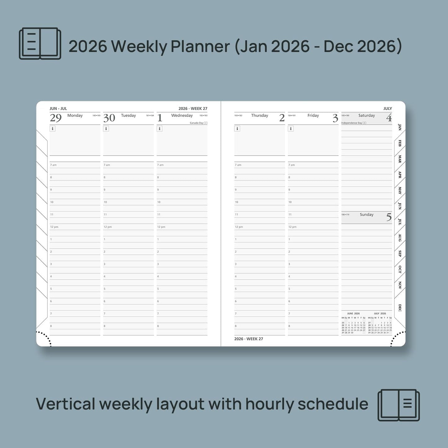 POPRUN 2026 Planner (Medium Size 8.5''x 6.5'' Hardcover) - Daily Weekly and Monthly Calendar Agenda 2026 Appointment Book with Hourly Time Slots, Monthly Tabs, 100 GSM - Orange